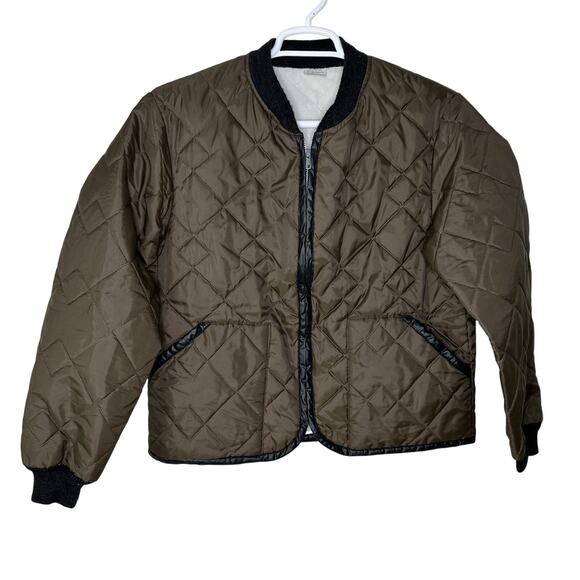 Vintage 60s Sears Men's Large Bomber Jacket Brown Quilted Hunting Full Zip Nylon - Picture 1 of 7